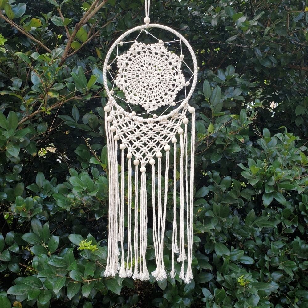 Macrame dreamcatcher with beads Natural cream color 32"